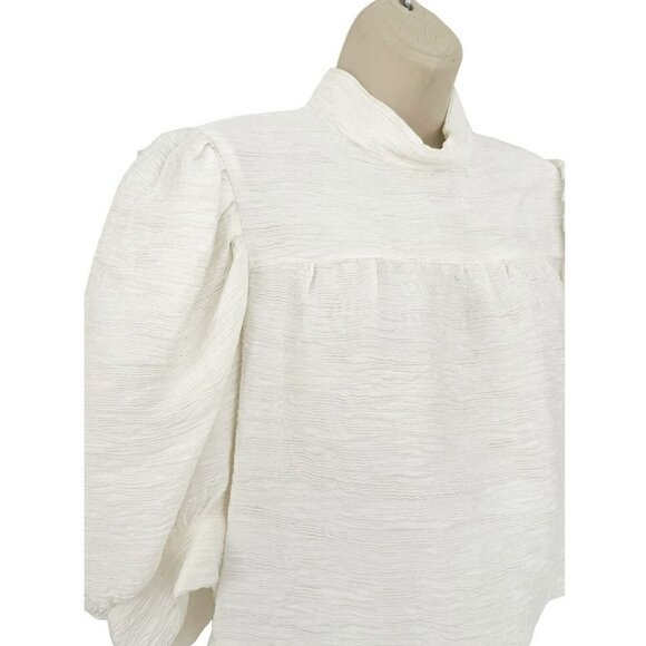 SANDRO Paris Janyce Womans Sz 3 (L) Ecru Puff Sleeve Cloqué Blouse Cropped Top - Picture 4 of 8
